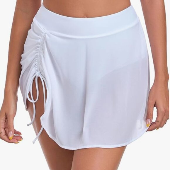 High Waisted Mesh Swim Skirt with Ruched Side and Built-in Bikini Briefs - Picture 3 of 8